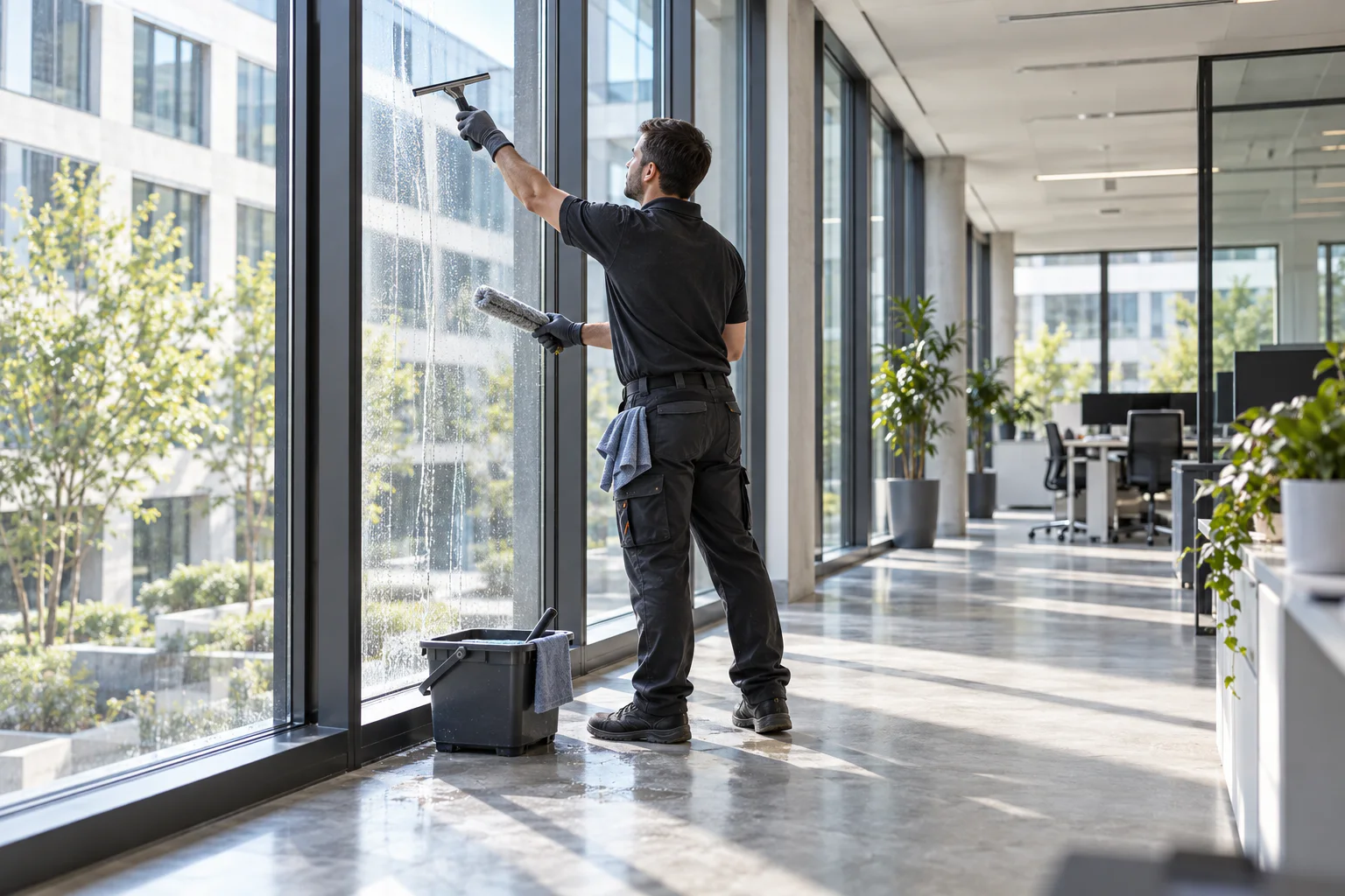 Fachkraft zieht eine gewerbliche Fensterfläche in einem Berliner Bürogebäude ab