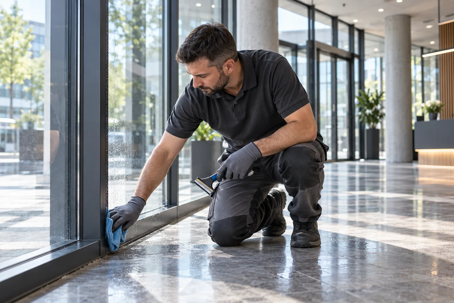 Fachkraft reinigt Rahmen und Randzone einer gewerblichen Glasfläche