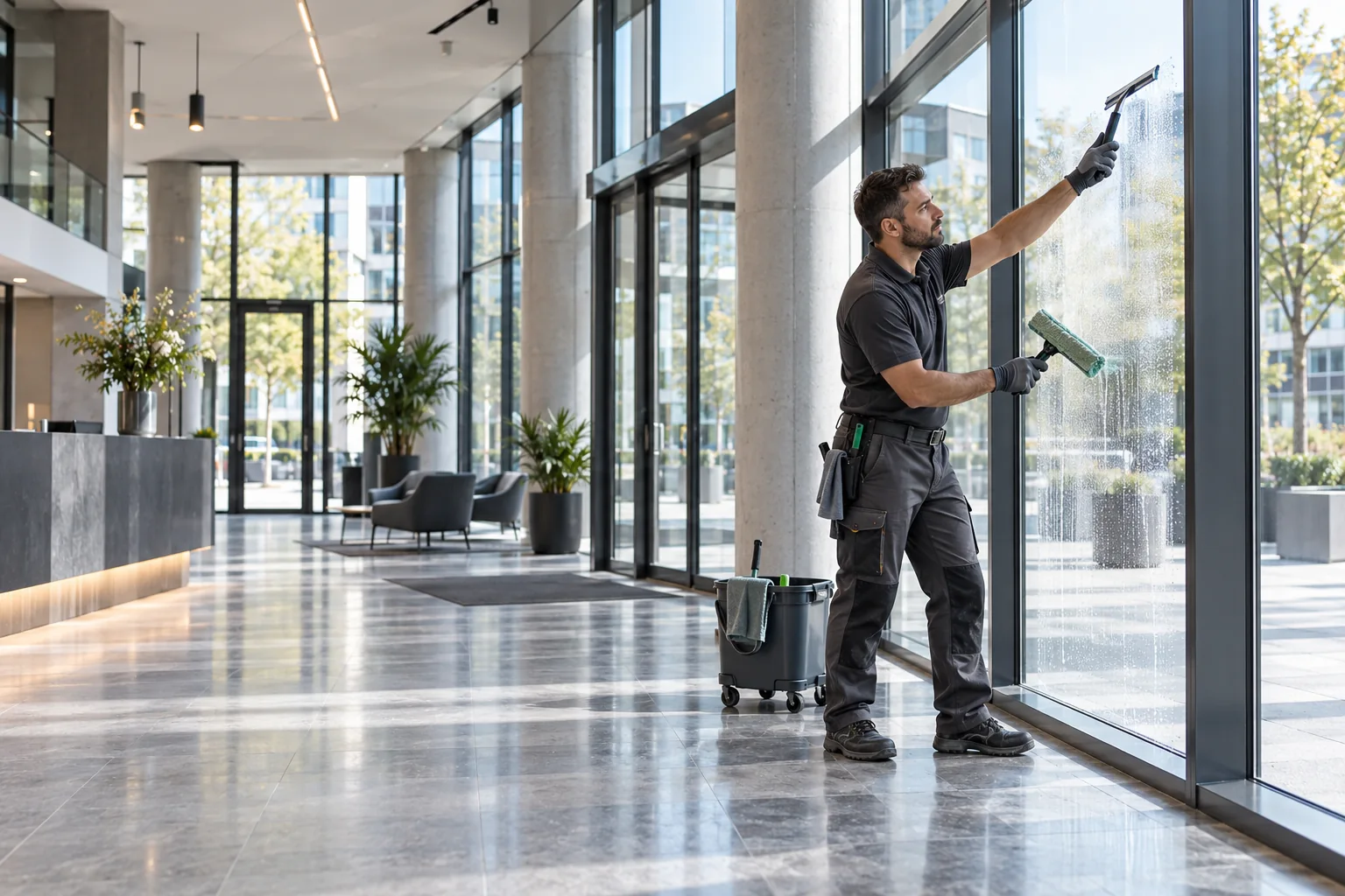 Fachkraft bei der gewerblichen Glasreinigung eines Berliner Bürogebäudes