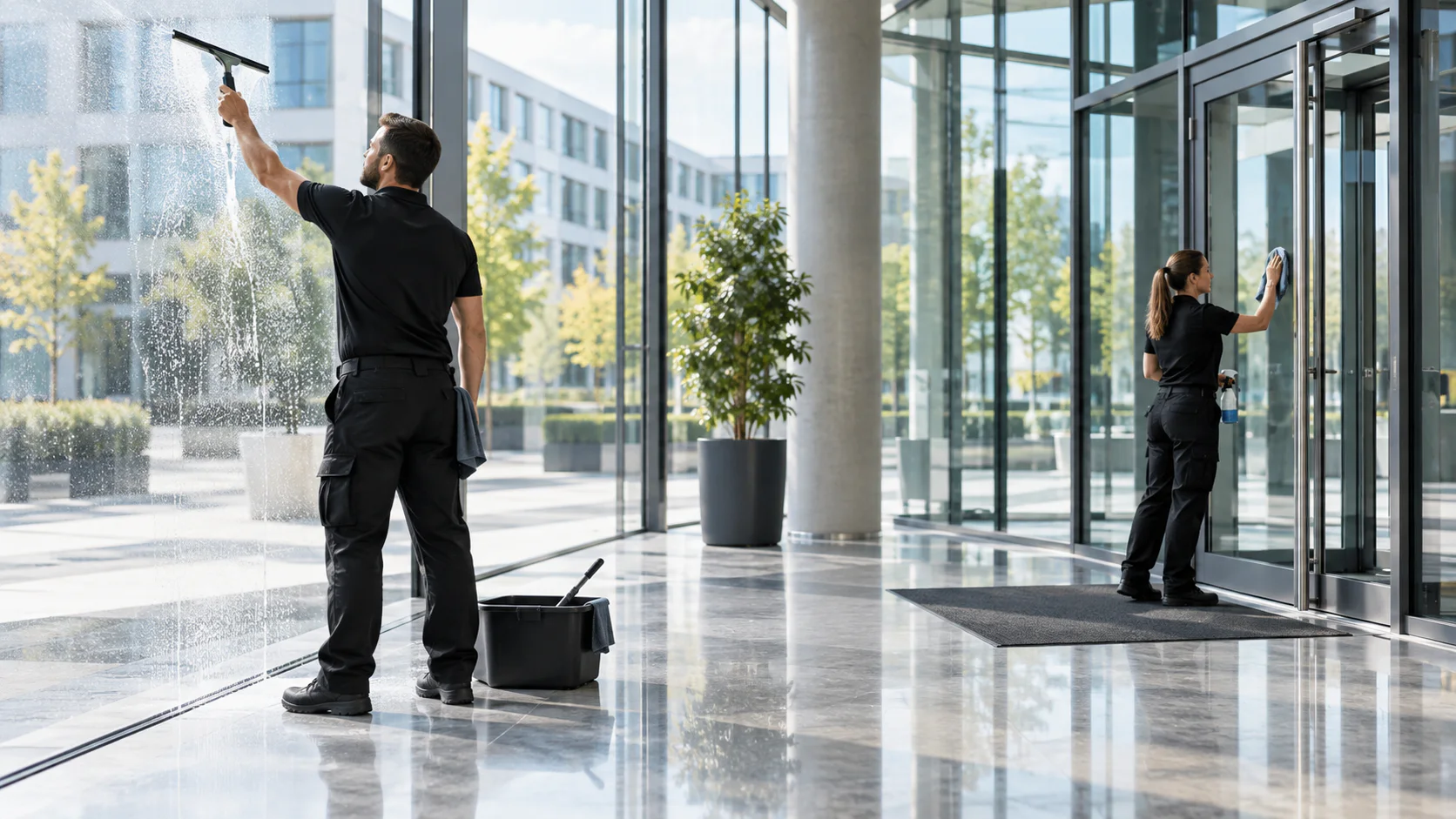 Zwei Fachkräfte reinigen unterschiedlich große Glasflächen eines Berliner Gewerbeobjekts