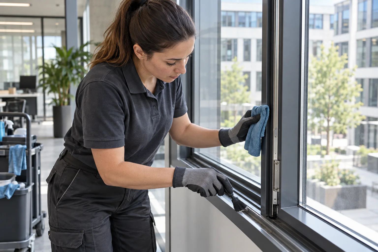 Fachkraft reinigt Rahmenprofil, Dichtung und Falz eines gewerblichen Fensters